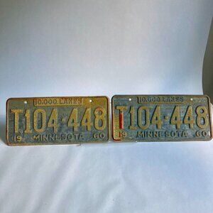 Vintage Pair 1960 Minnesota License Plates 10,000 Lakes Blue Yellow